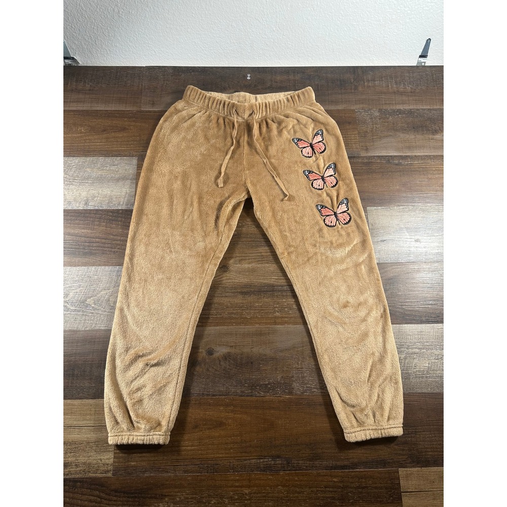Mighty Fine Tan Faux Fur Butterfly Joggers Womens Medium Brown Fleece Sweatpants